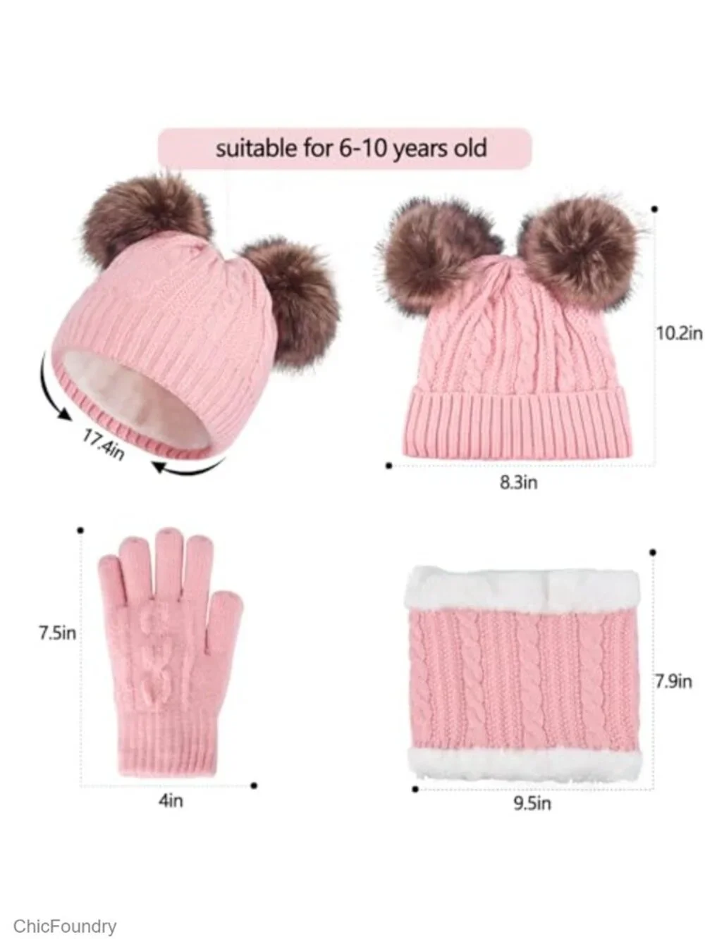 Kids Winter Hat Gloves Scarf Set Knit Beanie with Pompom Neck Warmer Fleece